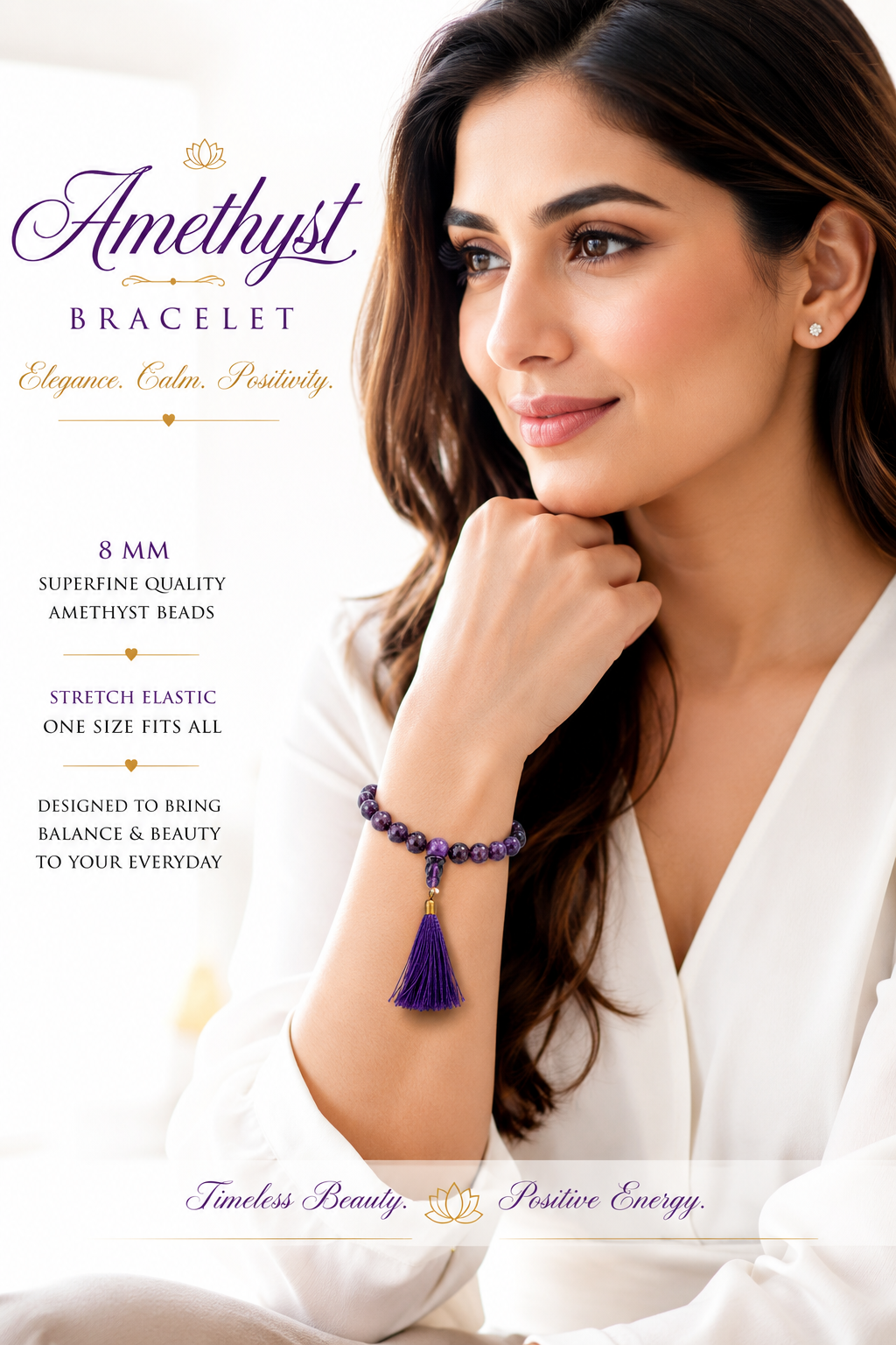 Purple amethyst bead bracelet with elastic fit and dangling purple tassel charm