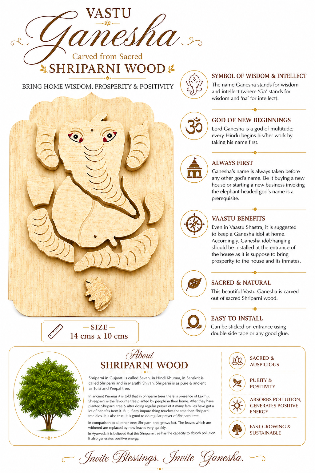 Shriparni wood Vastu Ganesha wall plaque, double-armed pose with decorative patterns