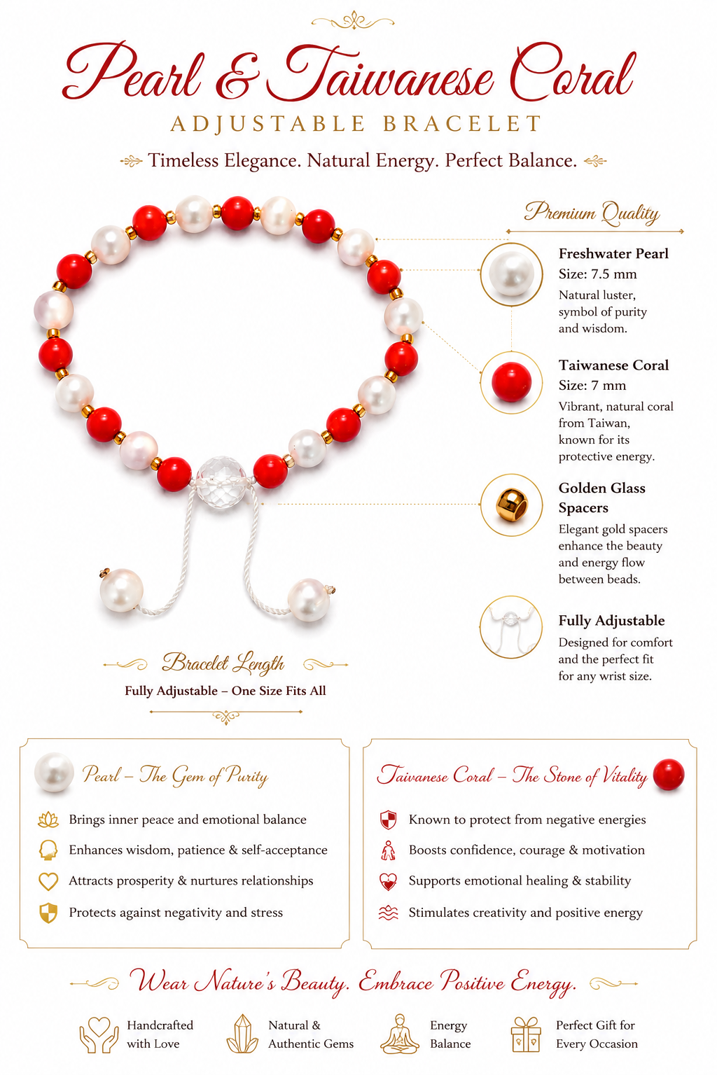 Handmade Freshwater Pearl & Taiwanese Coral Bracelet for Men & Women | Adjustable Unisex Gemstone Bracelet | 7.5 mm Pearls, 7 mm Taiwanese Coral & Golden Glass Spacers