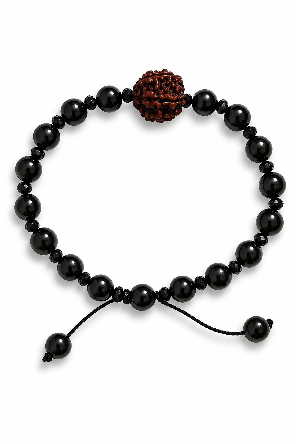 Black beaded rudraksha bracelet with dark round beads and red-brown 7 Mukhi centerpiece
