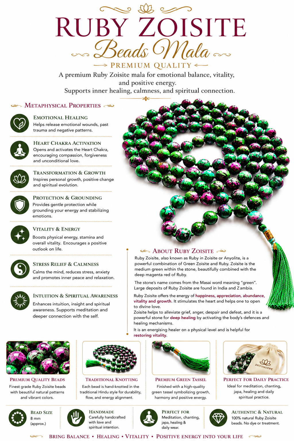 Beaded mala necklace with green and magenta stone beads, tassel at end