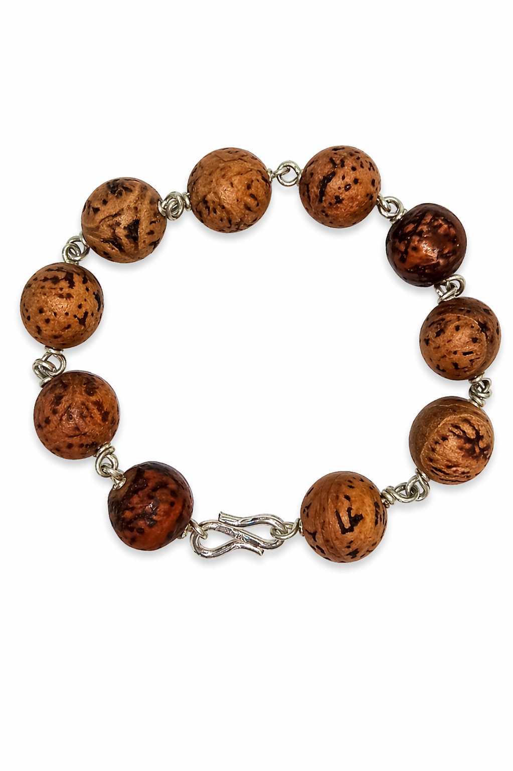 Silver wire bracelet with brown natural bead spheres and linked clasp
