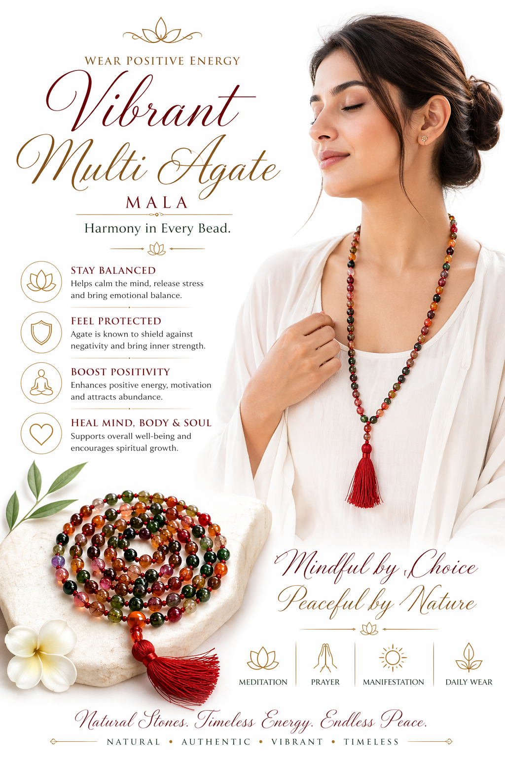 108 Beads Multi Color Agate Mala Necklace | Natural Gemstone Prayer Mala for Meditation Yoga Japa Japamala Unisex