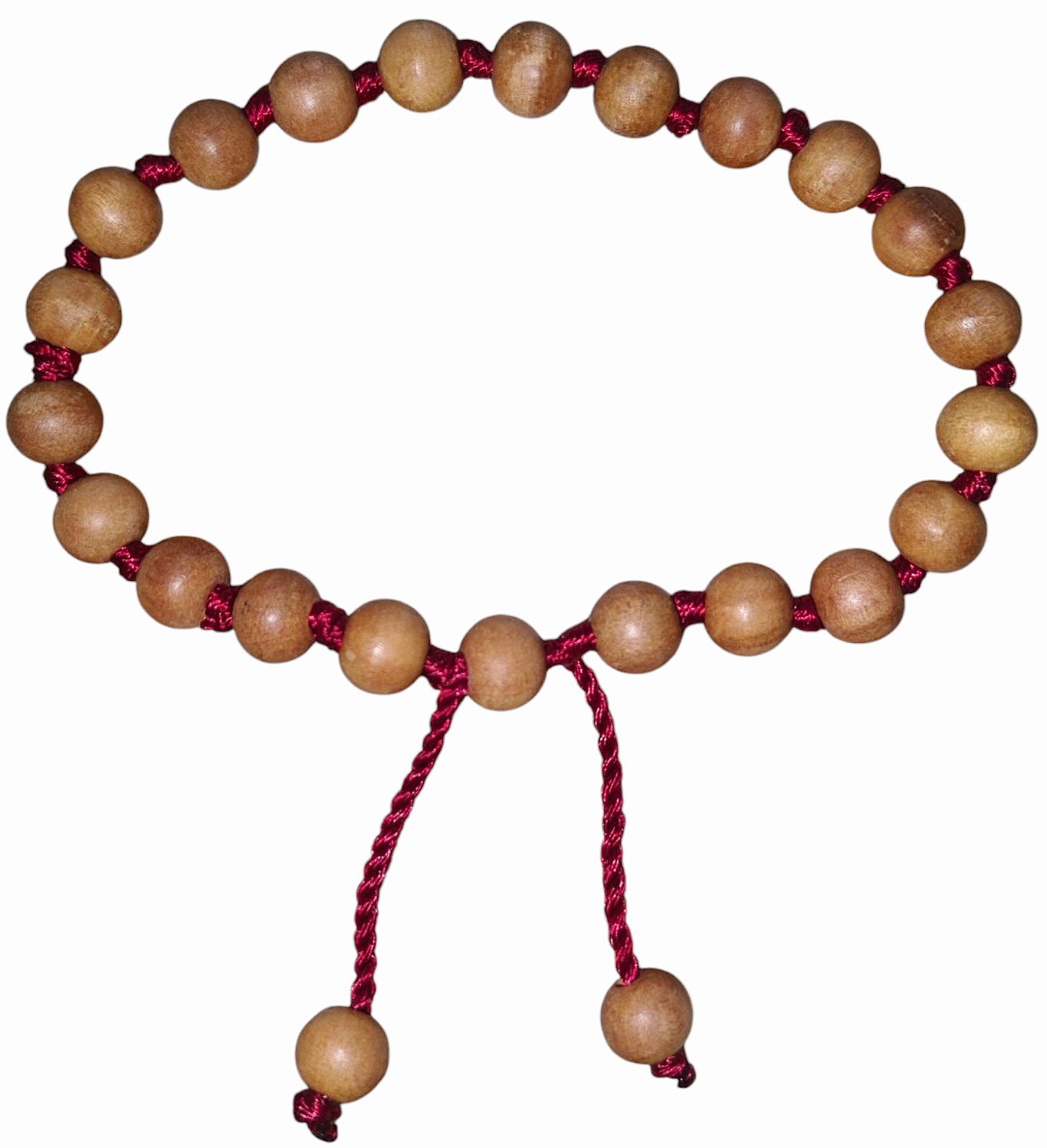Natural sandalwood bead bracelet with magenta tassels and braided cord