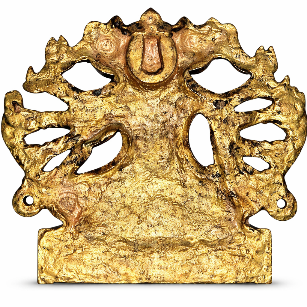 Panchmukhi Hanuman wall hanging: ornate brass backplate with hanging loops