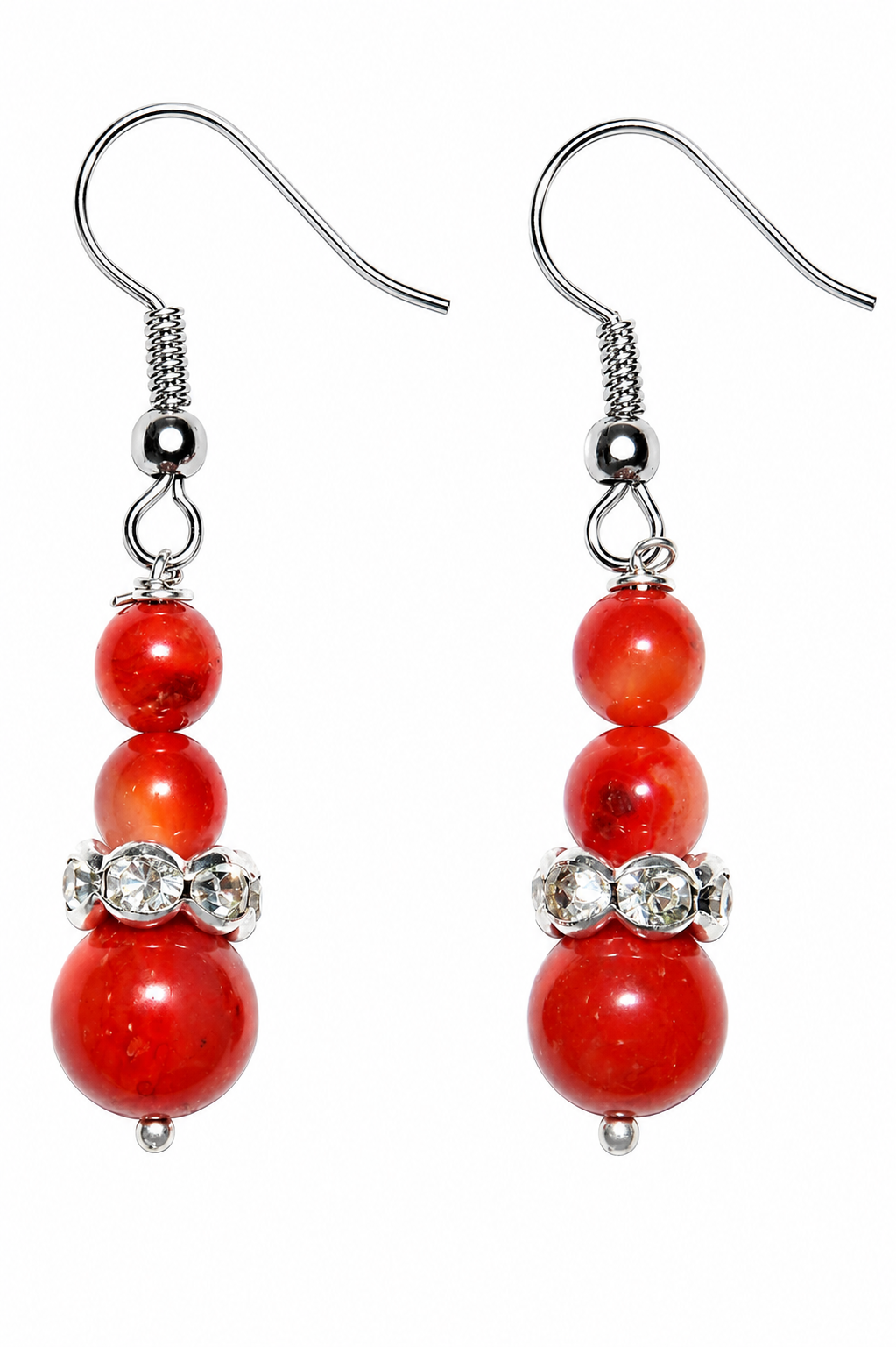Red carnelian bead drop earrings with crystal cluster, white metal hooks