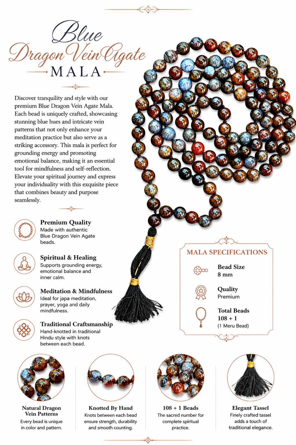 Blue dragon vein agate mala with round beads and black tassel, blue and amber tones