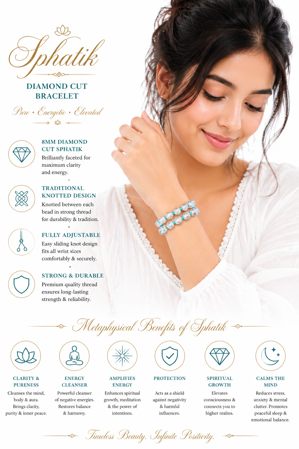 Sphatik Diamond Cut Bracelet | 8mm Double Line Adjustable Crystal Quartz Bracelet