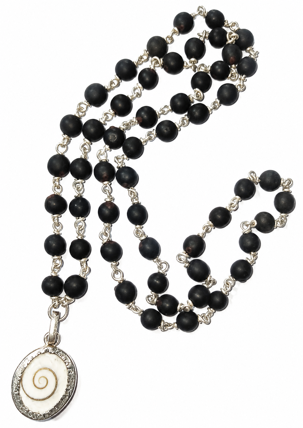 Black bead Vaijanti mala with pure silver Gomti chakra pendant and chain links