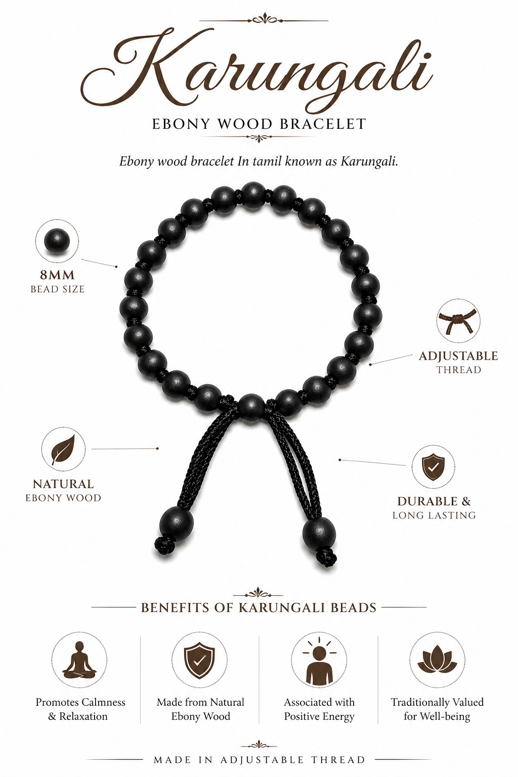 Black bead bracelet with adjustable thread ends and round 8mm ebony wood beads