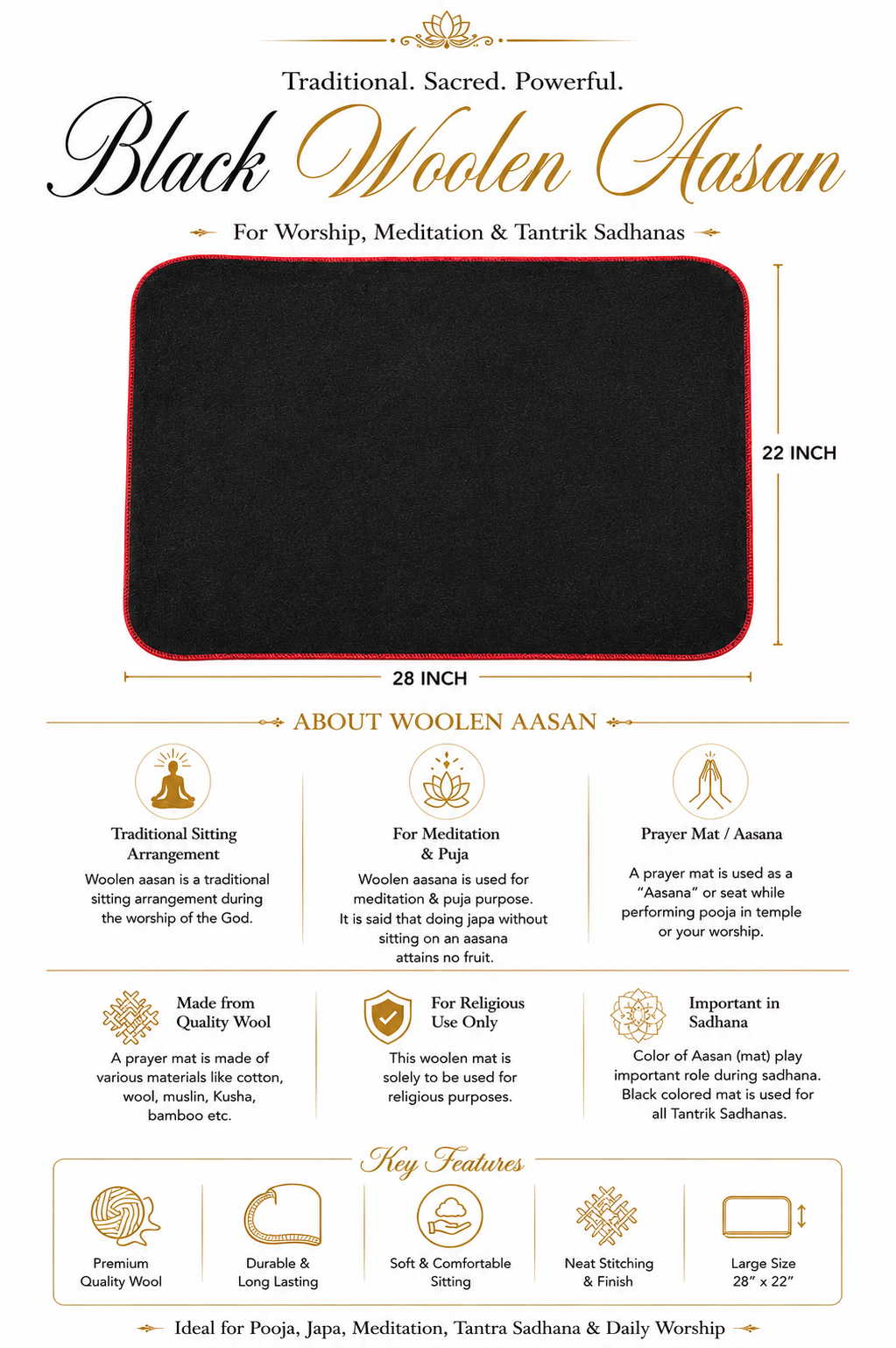 Premium Black Woolen Puja Aasan Mat for Meditation & Tantra Sadhana | Prayer Sitting Mat | 28 x 22 Inch