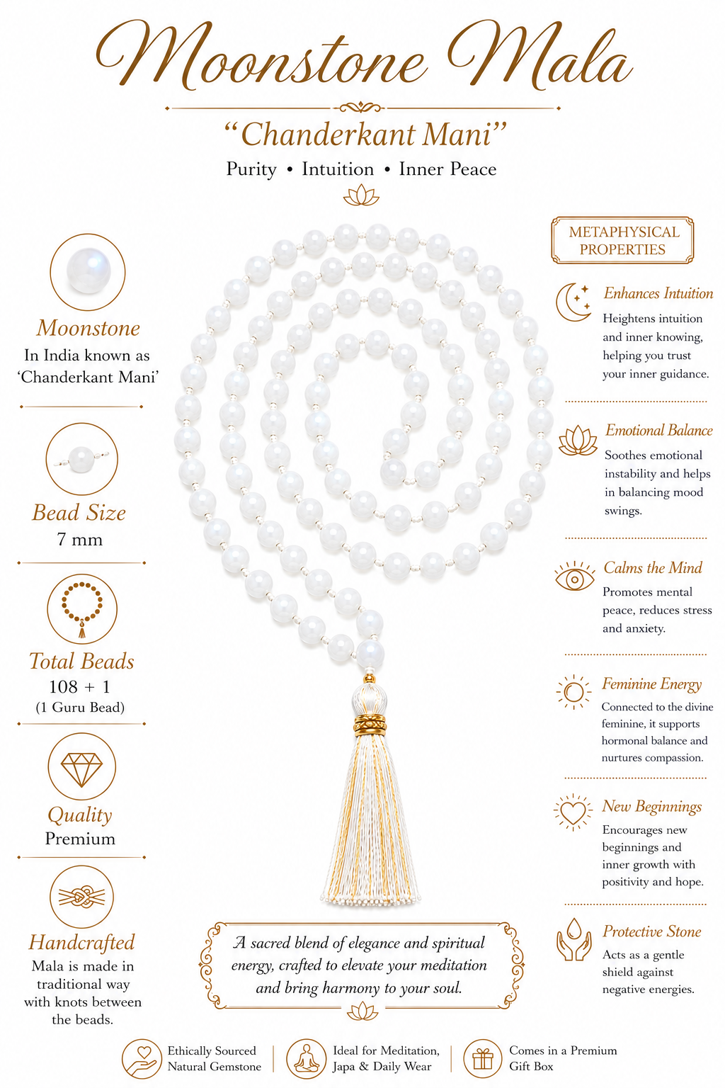 Moonstone mala 'Chanderkant Mani' with knotted 7mm beads and gold tassel