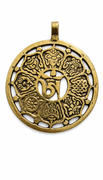 Handcrafted Tibetan Ashtamangala Brass Pendant with Om Symbol | Eight Auspicious Symbols Buddhist Lucky Protection Amulet