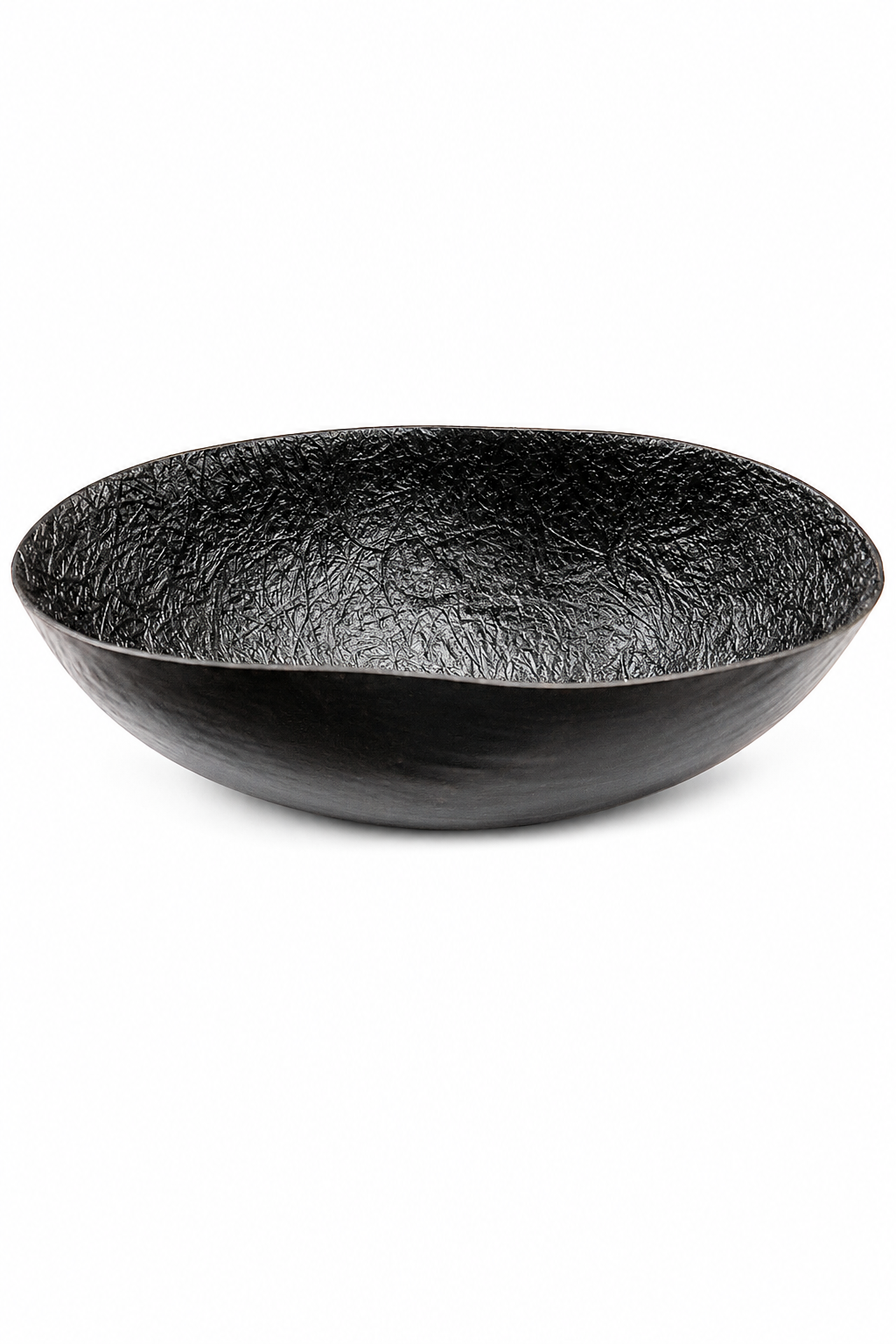 Black textured fiber khappar bowl, shallow wide vessel with dark rim