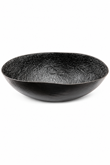 Black textured fiber khappar bowl, shallow wide vessel with dark rim