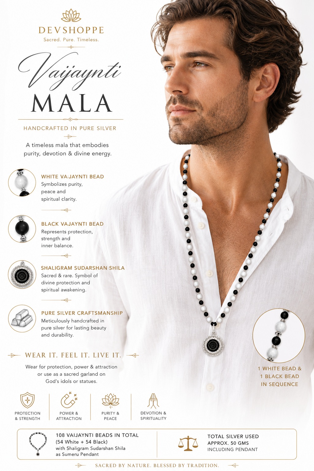 White & black bead mala on model with round Shaligram Sudarshan pendant