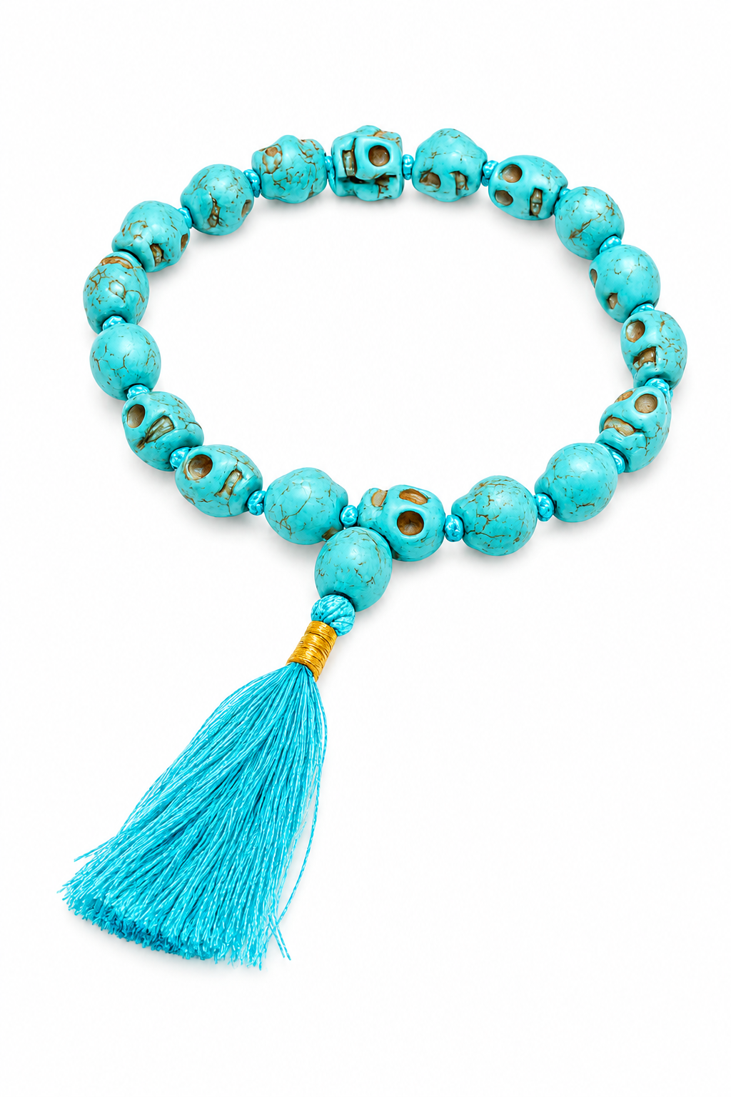 Turquoise skull-bead bracelet with gold-toned accents and long blue tassel