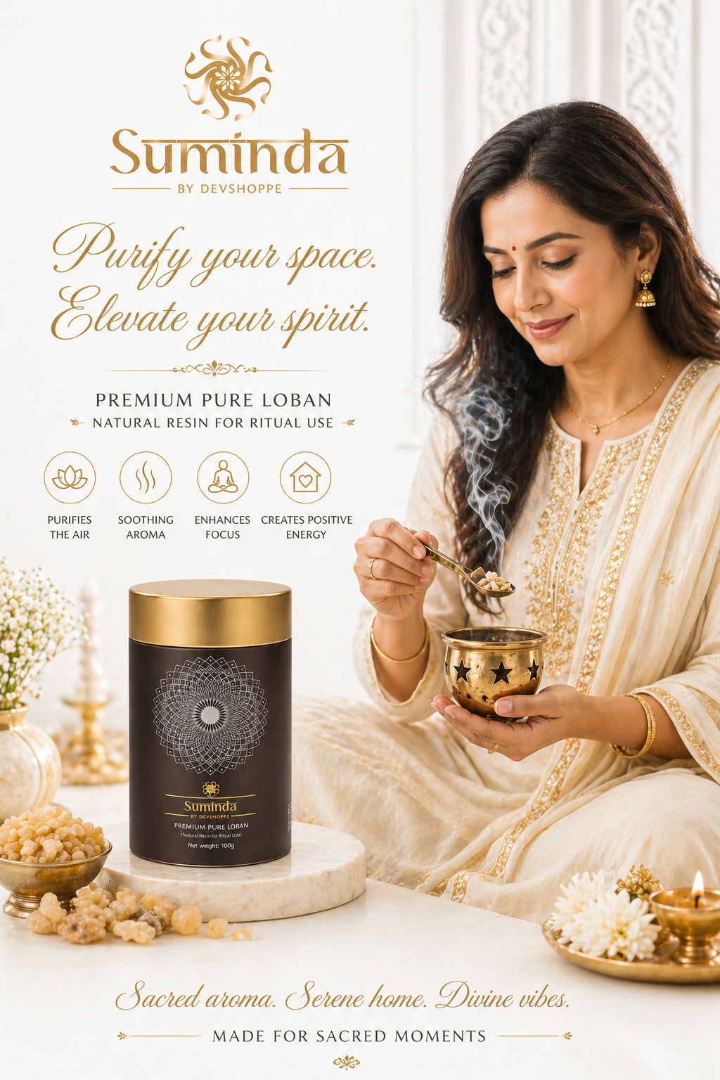 Suminda Sacred Pure Loban by DevShoppe - Premium Natural Resin for Puja, Dhuni & Ritual Use (100g)