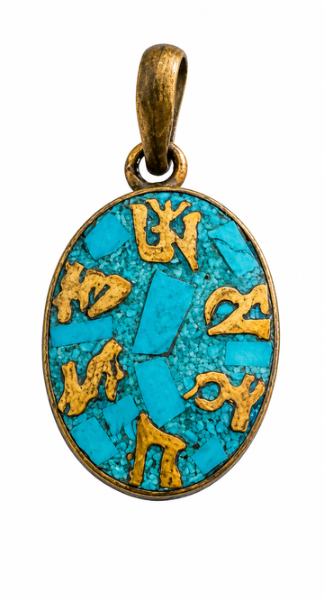 Tibetan Om Mani Padme Hum Brass Pendant with Turquoise Mosaic Inlay | Handcrafted Buddhist Pendant | Unisex