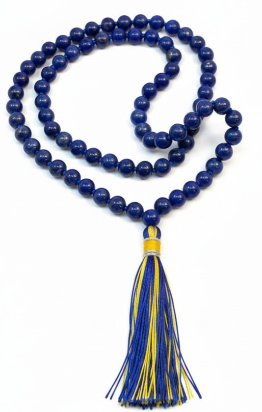 Natural lapis lazuli mala beads necklace with blue tassel, round stone beads
