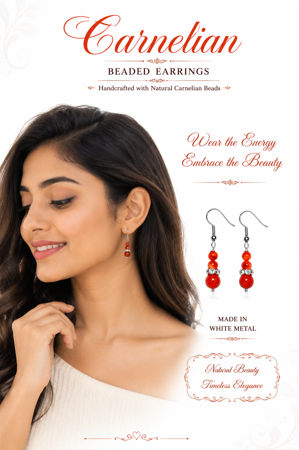 Woman wearing red carnelian bead drop earrings with crystal caps on white metal hooks