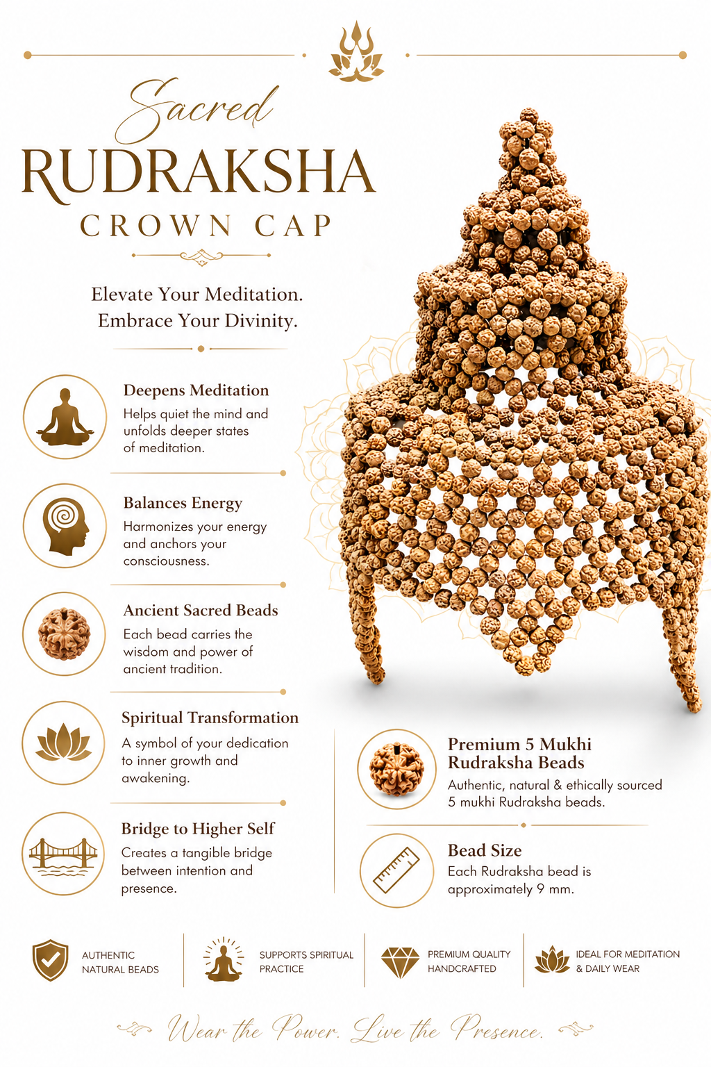 Golden-brown rudraksha bead crown cap with voluminous beaded top and three tails