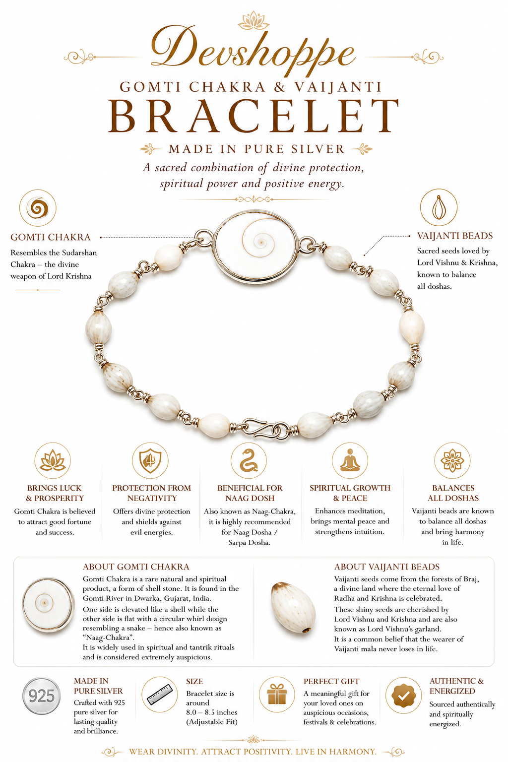 Devshoppe bracelet with white bead chain and central circular Gomti chakra charm