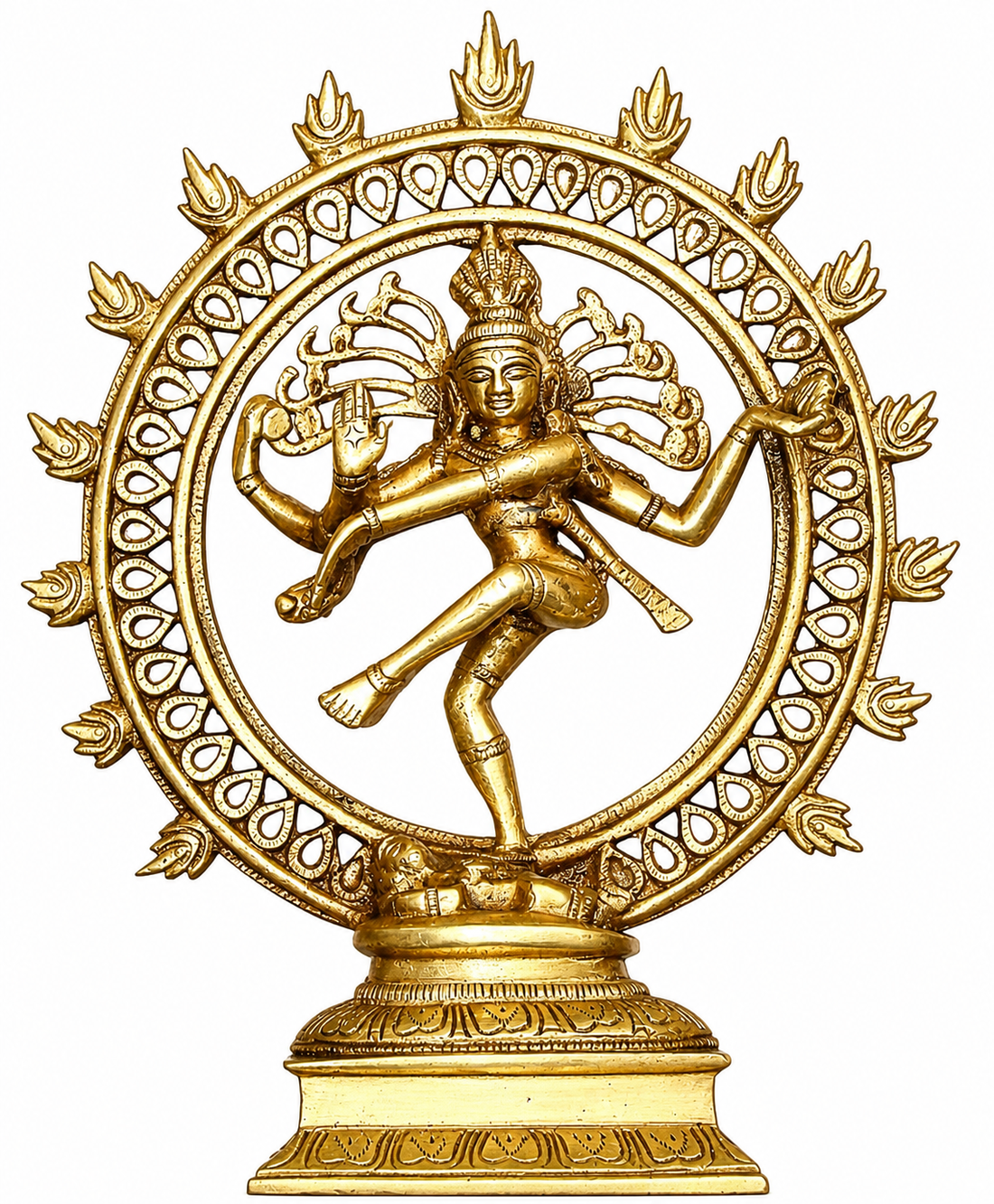 Brass Nataraja idol statue: dancing Shiva figure in circular ornamental halo base