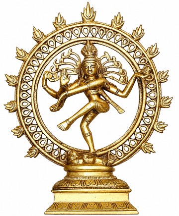 Brass Nataraja idol statue: dancing Shiva figure in circular ornamental halo base