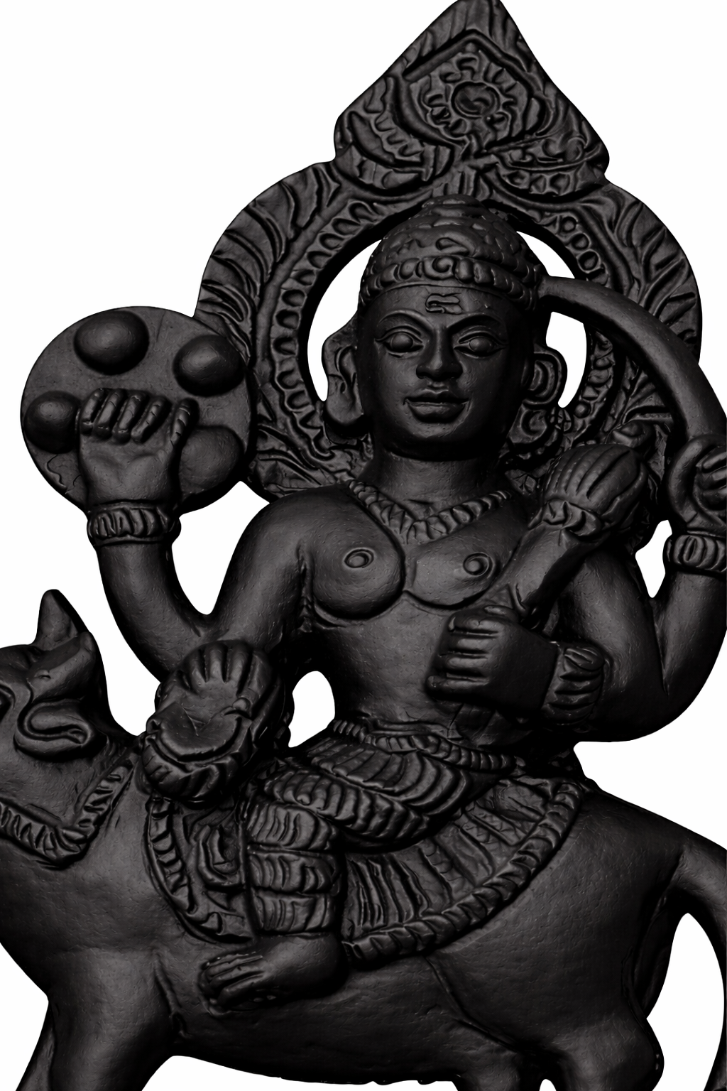 Matte black Shani Dev idol with raised arms, detailed crown and horse mount