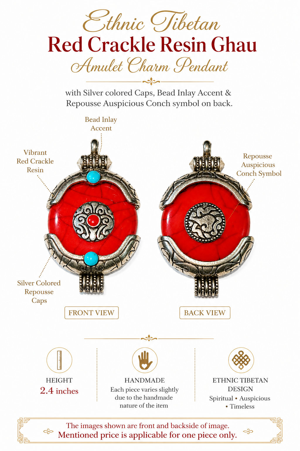 Front and back of red crackle resin Ghau amulet, silver-tone caps, turquoise beads