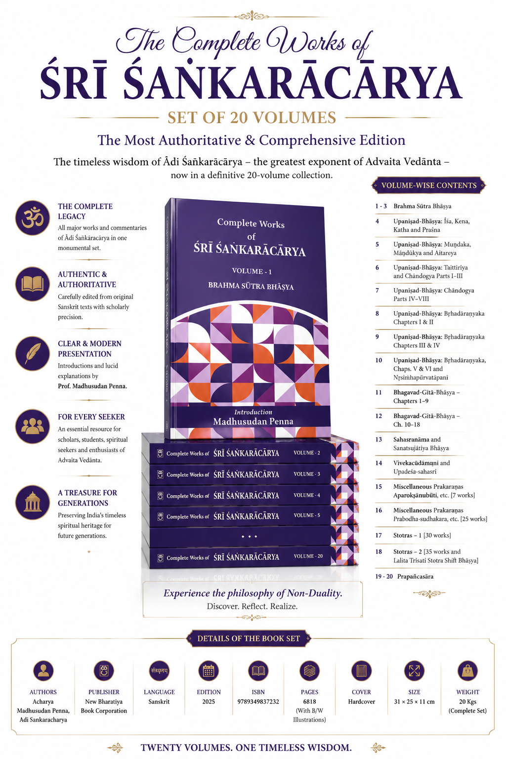 The Complete Works of Śrī Śaṅkarācārya (Set of 20 Volumes): Definitive Edition of Advaita Vedānta, Brahma Sūtra Bhāṣya, Upaniṣad Bhāṣyas & Bhagavad Gītā Commentary