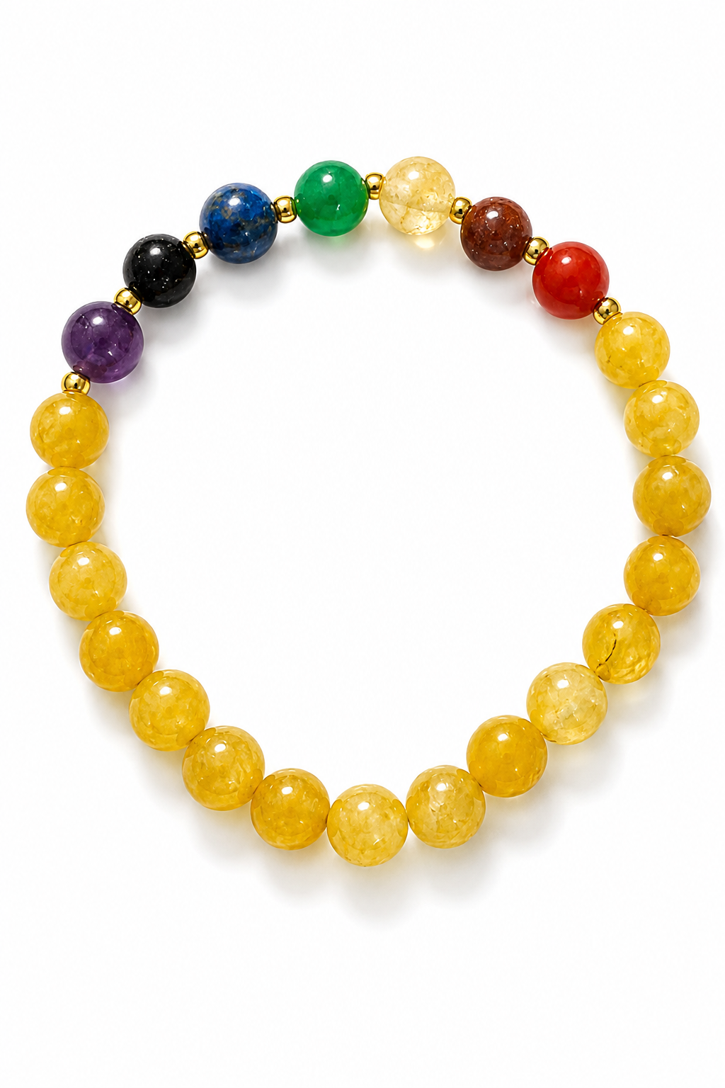 Chakra gemstone bead bracelet with round beads, bright yellow and blue accents