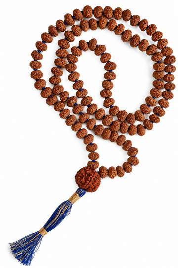 Rudraksha bead mala necklace with blue tassel and brown seeds, 108+1 style