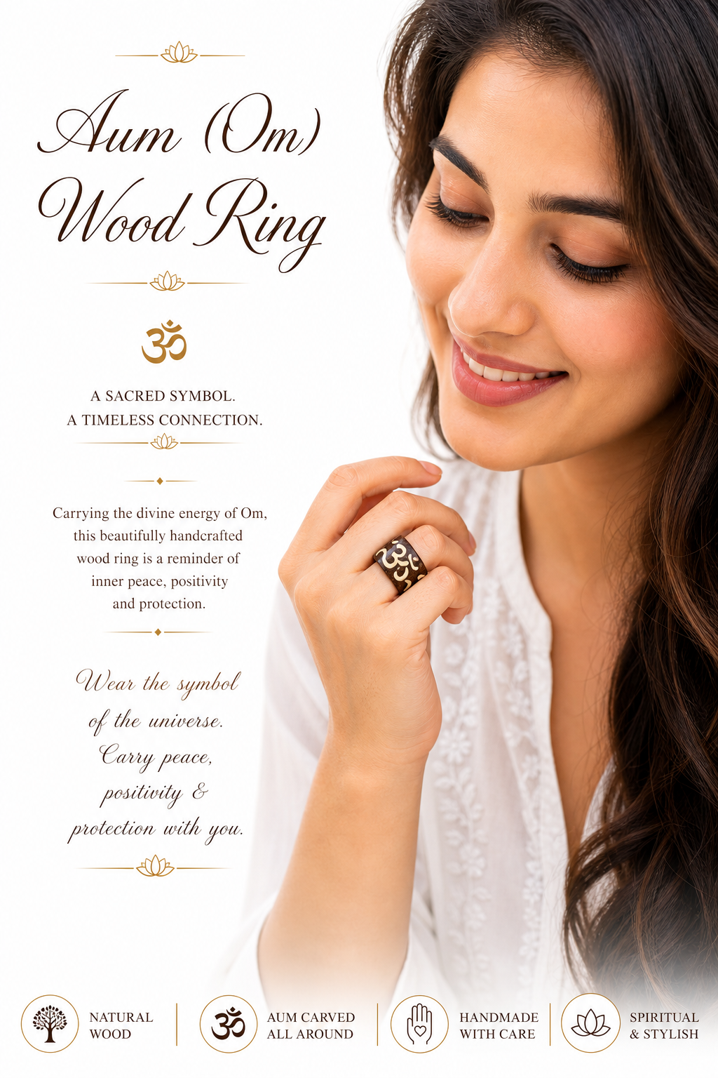 Om-carved wooden ring on finger: dark wood with light ivory Om symbols, unisex