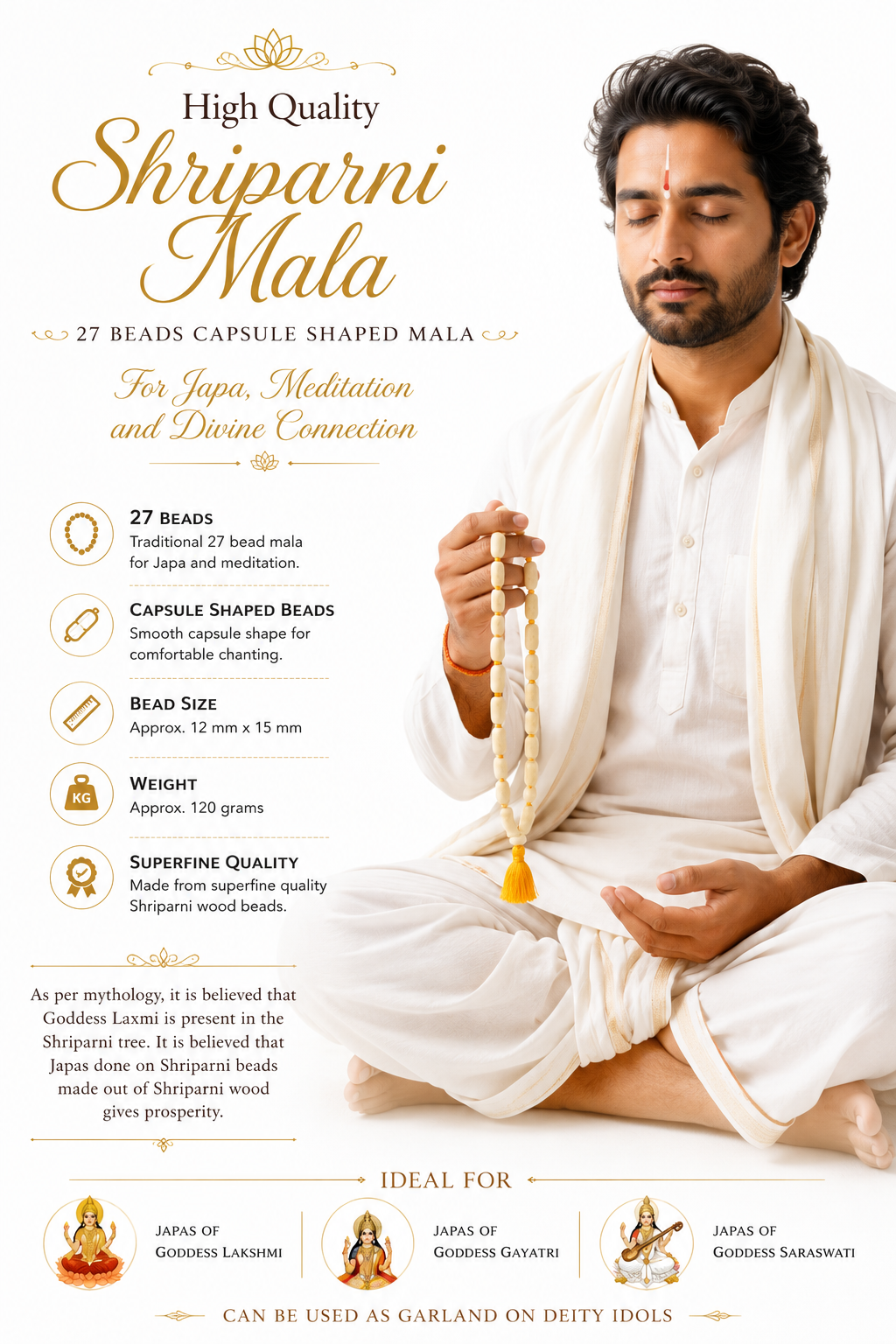 Japa mala held in hand with capsule wood beads and yellow tassel