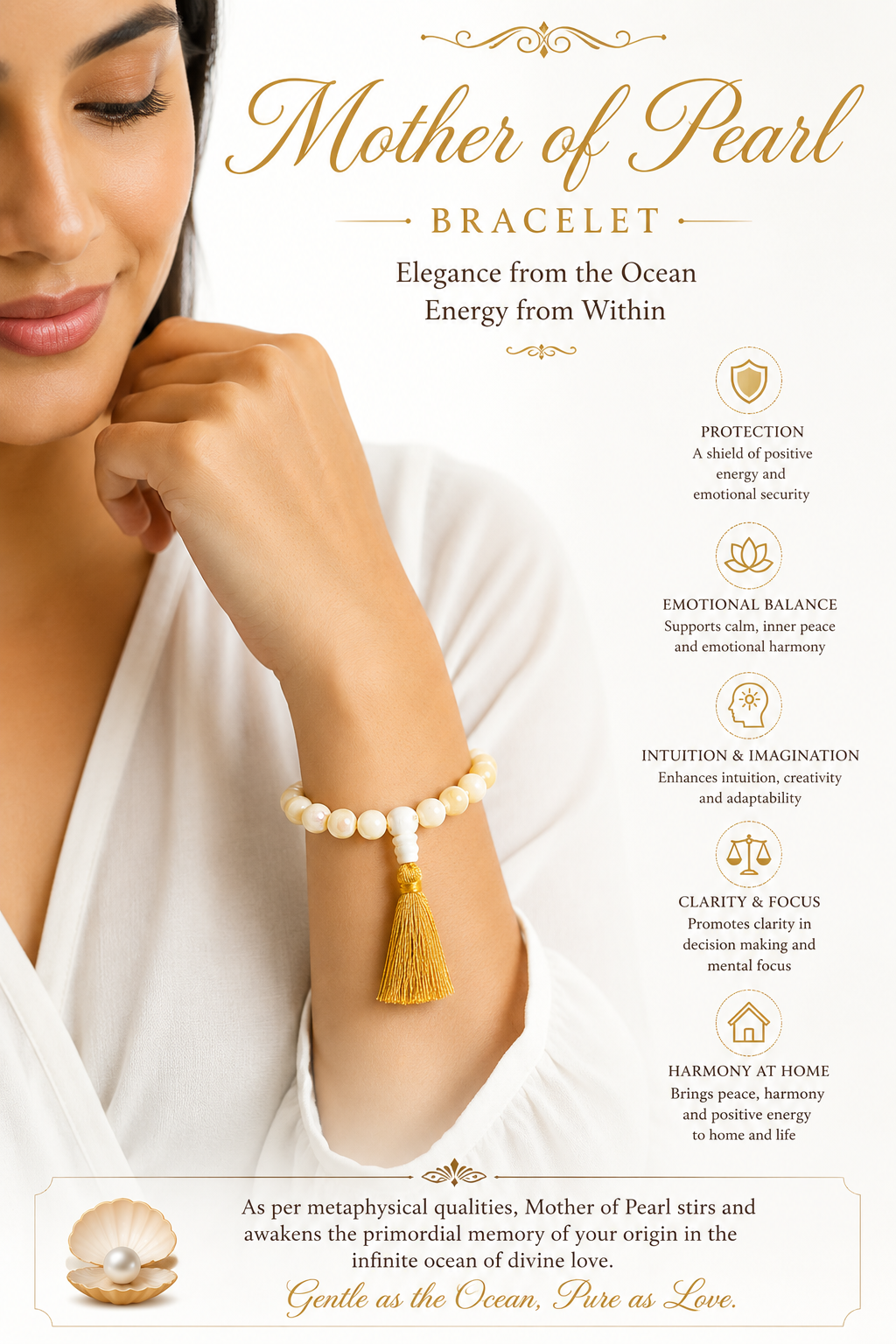 8mm mother-of-pearl bead stretch bracelet with gold tassel, worn on wrist