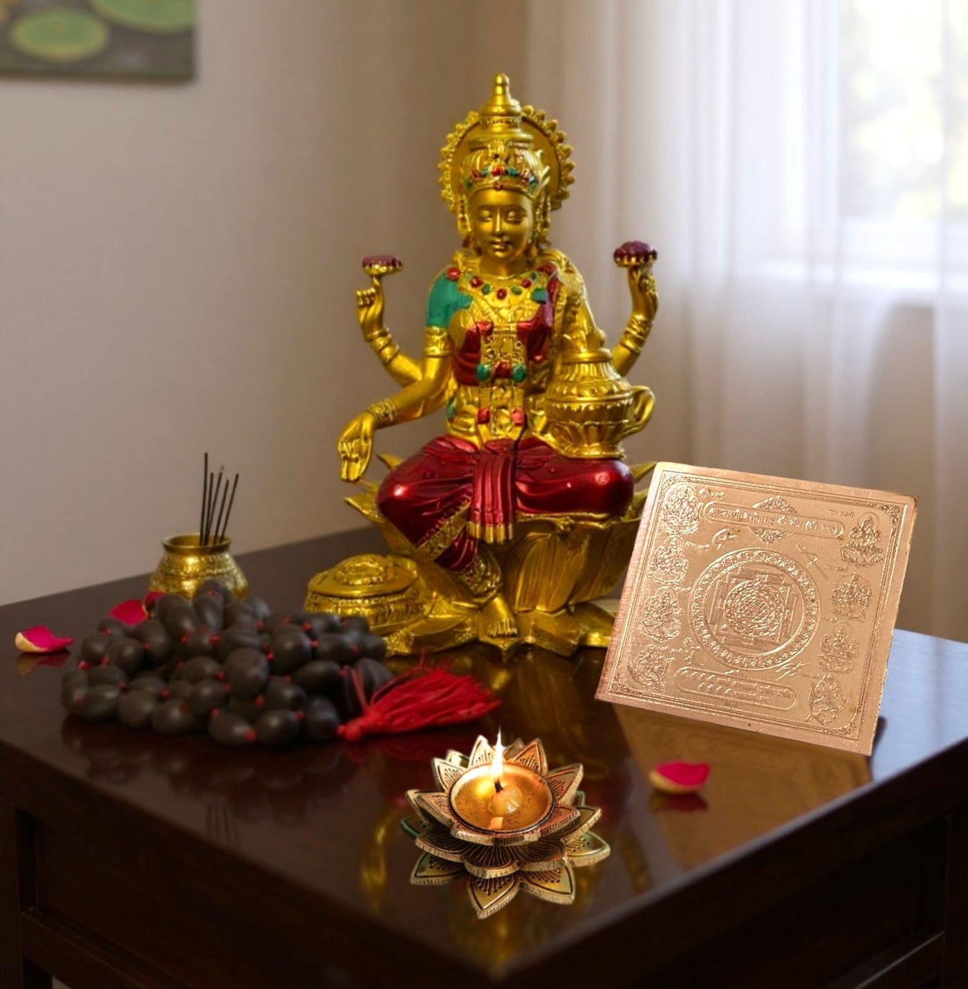 Diwali Special - Goddess Lakshmi idol with Sri Ashta laxmi yantra and Kamal gatta mala