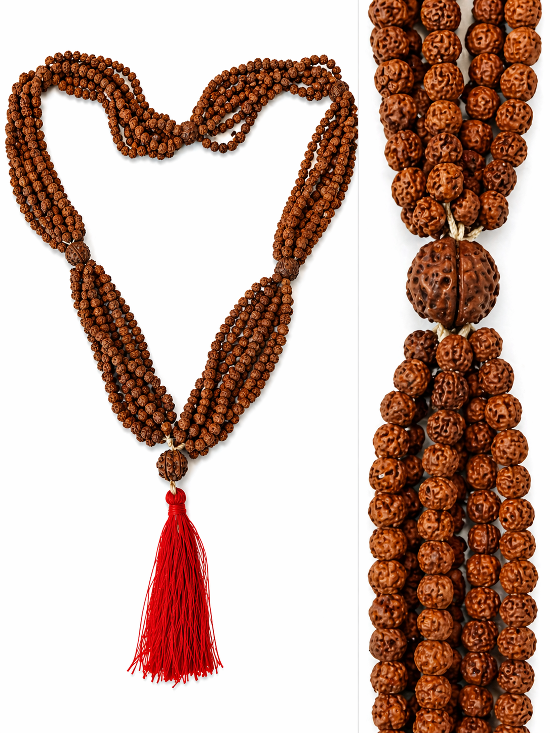 1008-bead Rudraksha kantha mala with red tassel; stacked multi-strand brown beads