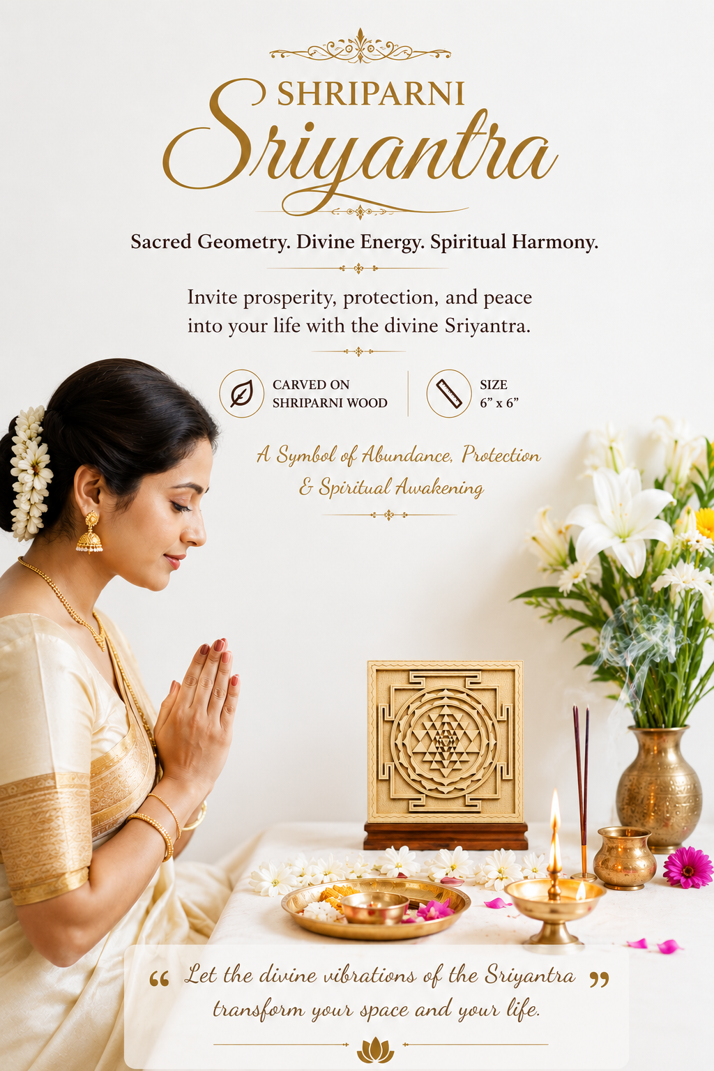 Sri Yantra carved wood decor on a small stand during a prayer with flowers and lamp
