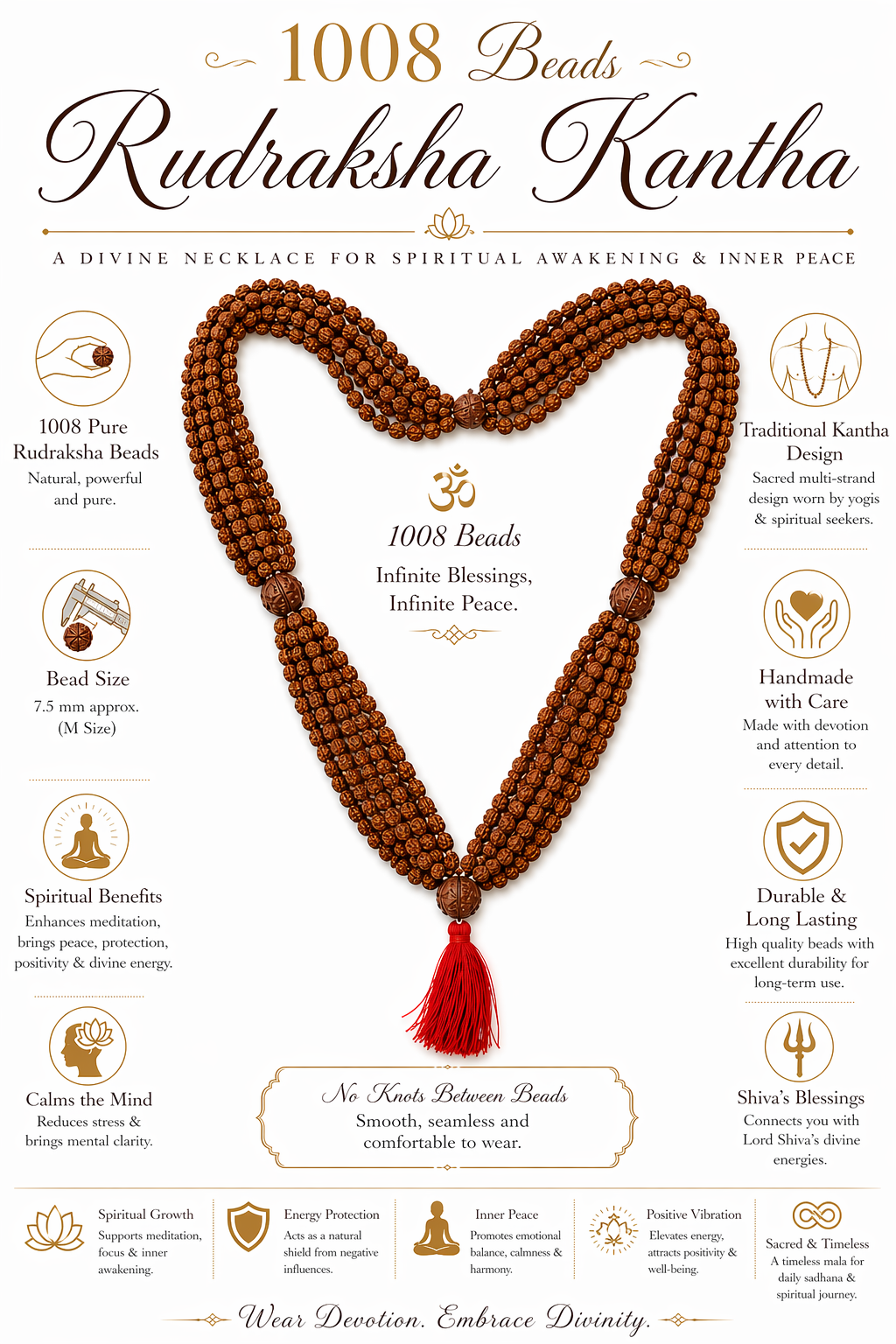 Rudraksha kantha mala necklace with looped brown beads and red tassel