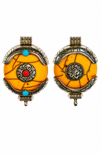 Beautiful Ethnic Tibetan Yellow Crackle Resin Ghau Amulet Pendant with Silver Colored Caps & Auspicious Conch Symbol | Handmade Buddhist Charm Pendant | 2.4 Inches Approx.