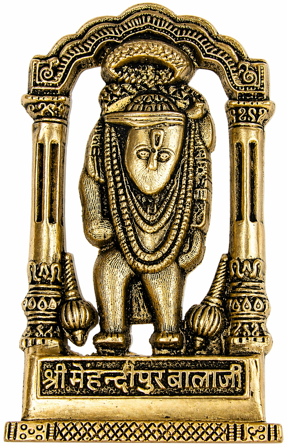 Shree Mehandipur Balaji idol, gold-tone metal figure with arched halo and ornate base