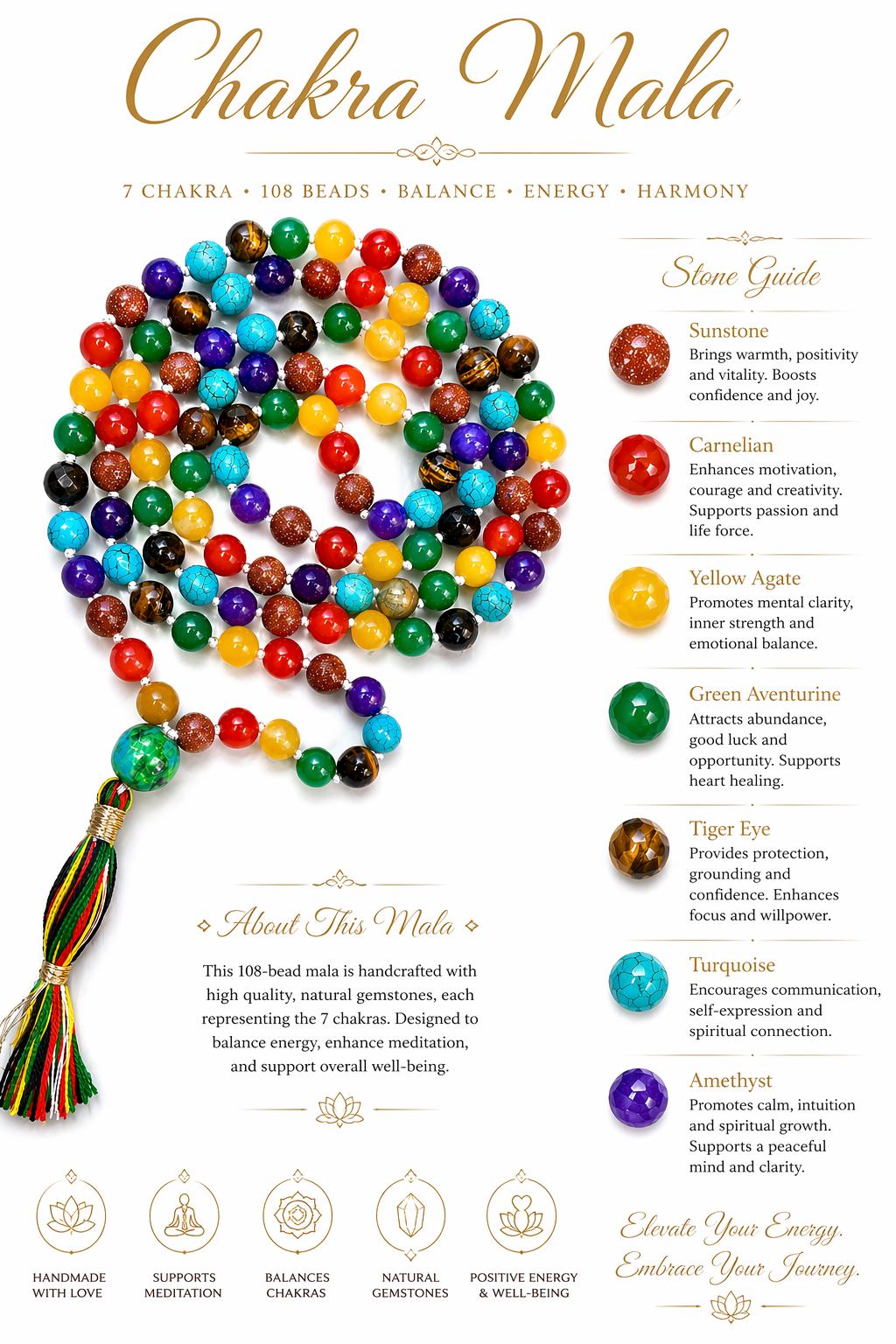 Colorful chakra mala bead necklace with tassel, assorted round faceted stones