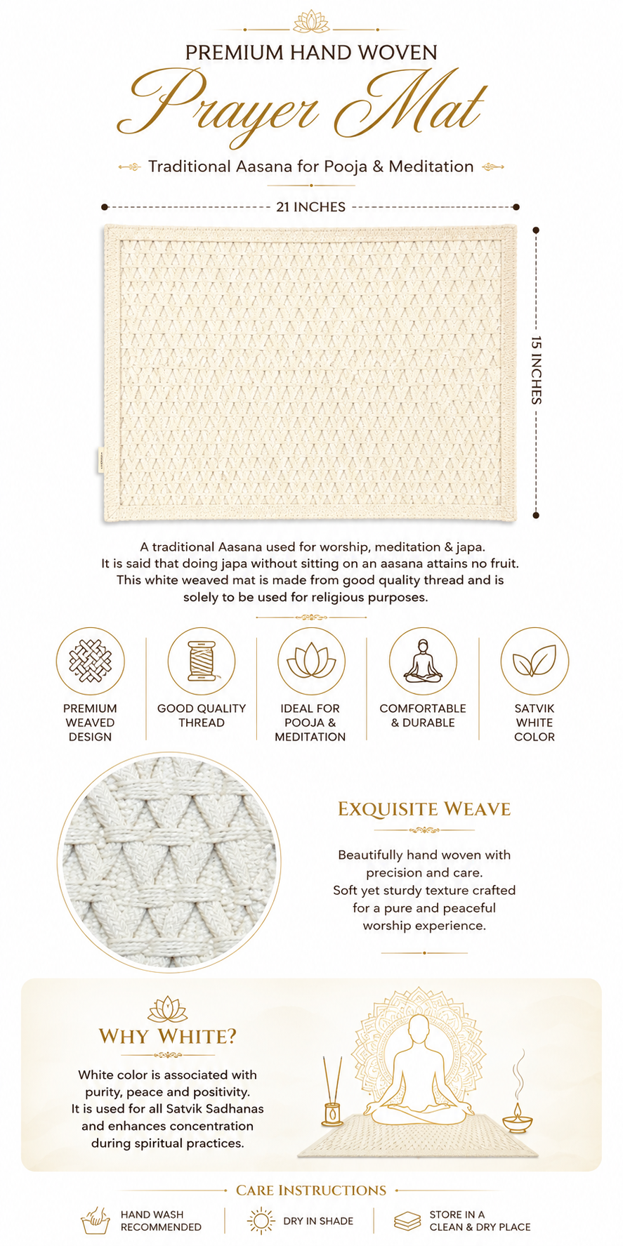Premium Hand Woven White Puja Aasan Mat for Meditation & Worship | Satvik Prayer Sitting Mat | 21 x 15 Inch