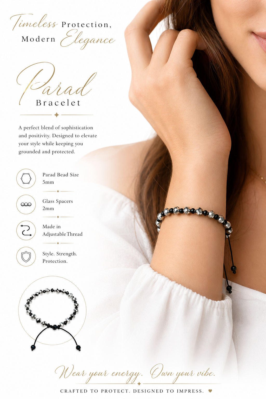 Parad bead bracelet worn on wrist with black and silver beads and tie ends