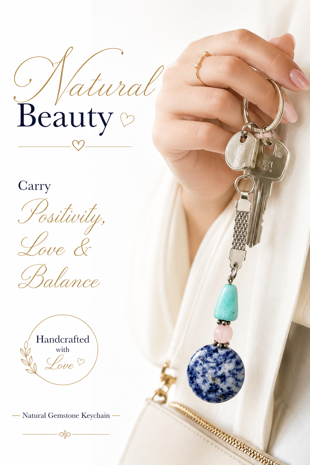 Gemstone keychain on a hand, with turquoise teardrop, pink bead, and blue round stone