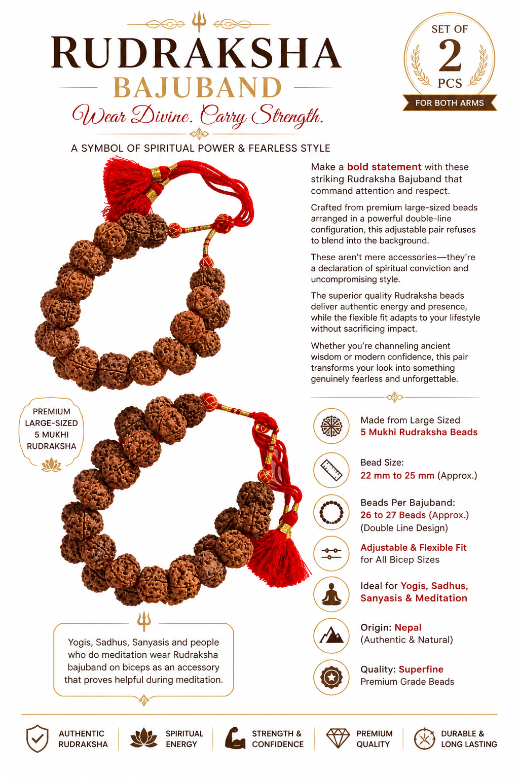 Two rudraksha bajuband arm bands with large brown beads and red adjustable cords