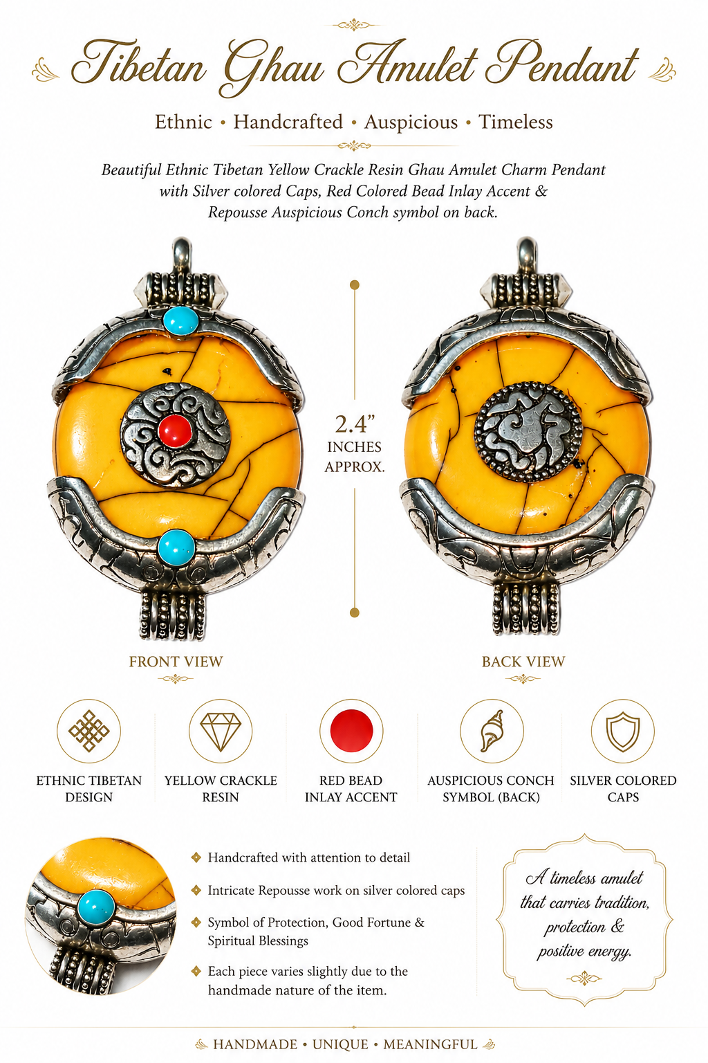 Beautiful Ethnic Tibetan Yellow Crackle Resin Ghau Amulet Pendant with Silver Colored Caps & Auspicious Conch Symbol | Handmade Buddhist Charm Pendant | 2.4 Inches Approx.