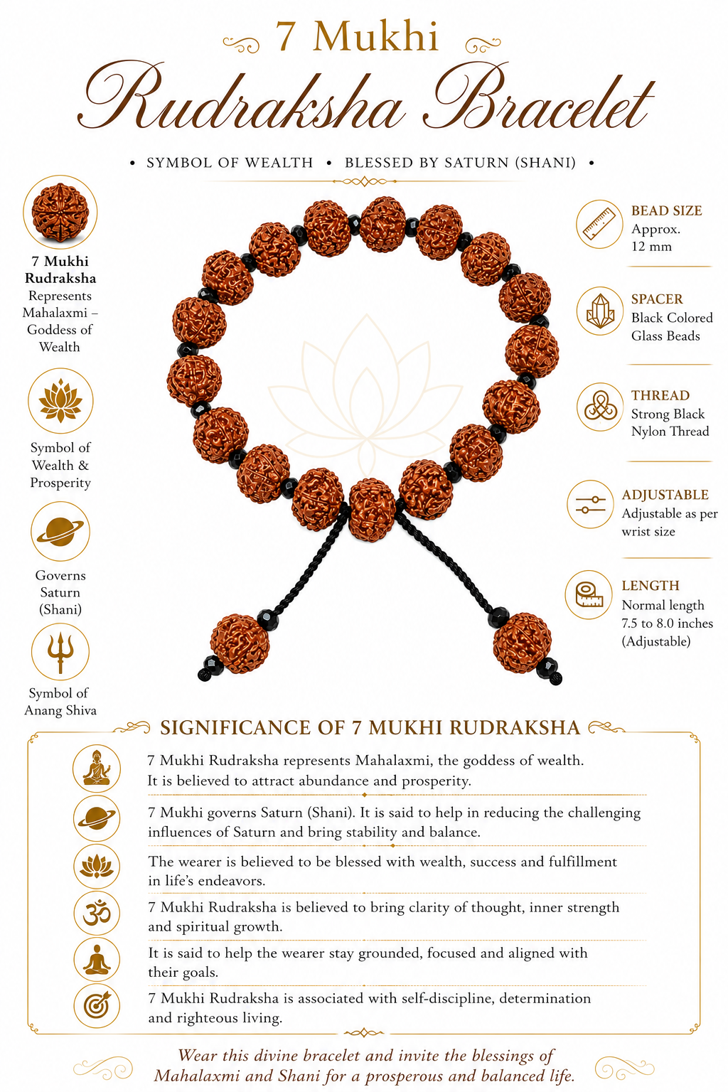 Authentic 7 Mukhi Javanese Rudraksha Bracelet | Adjustable Spiritual Bracelet for Men & Women | Handcrafted with Black Glass Spacers